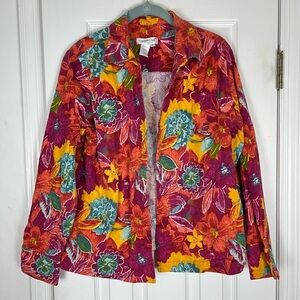 Coldwater Creek Stretch Cotton Vibrant Floral Print Open Style Layering Jacket